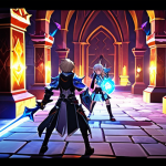 **

Prompt: Elsword game scene, a group of players in a Secret Dungeon, battling monsters and collecting glowing magic stones, action pose, vibrant colors, fantasy environment.

**